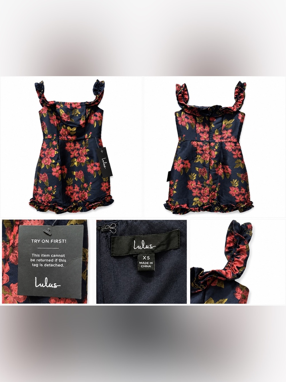 Lulu's Navy One-Shoulder Floral Jacquard Mini Dress with Pink and Gold Accents - Picture 6 of 6